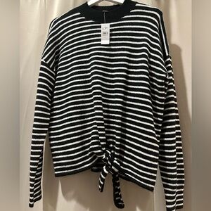 LOFT - Med /black mock turtleneck sweater with cream stripes. Ties at the bottom